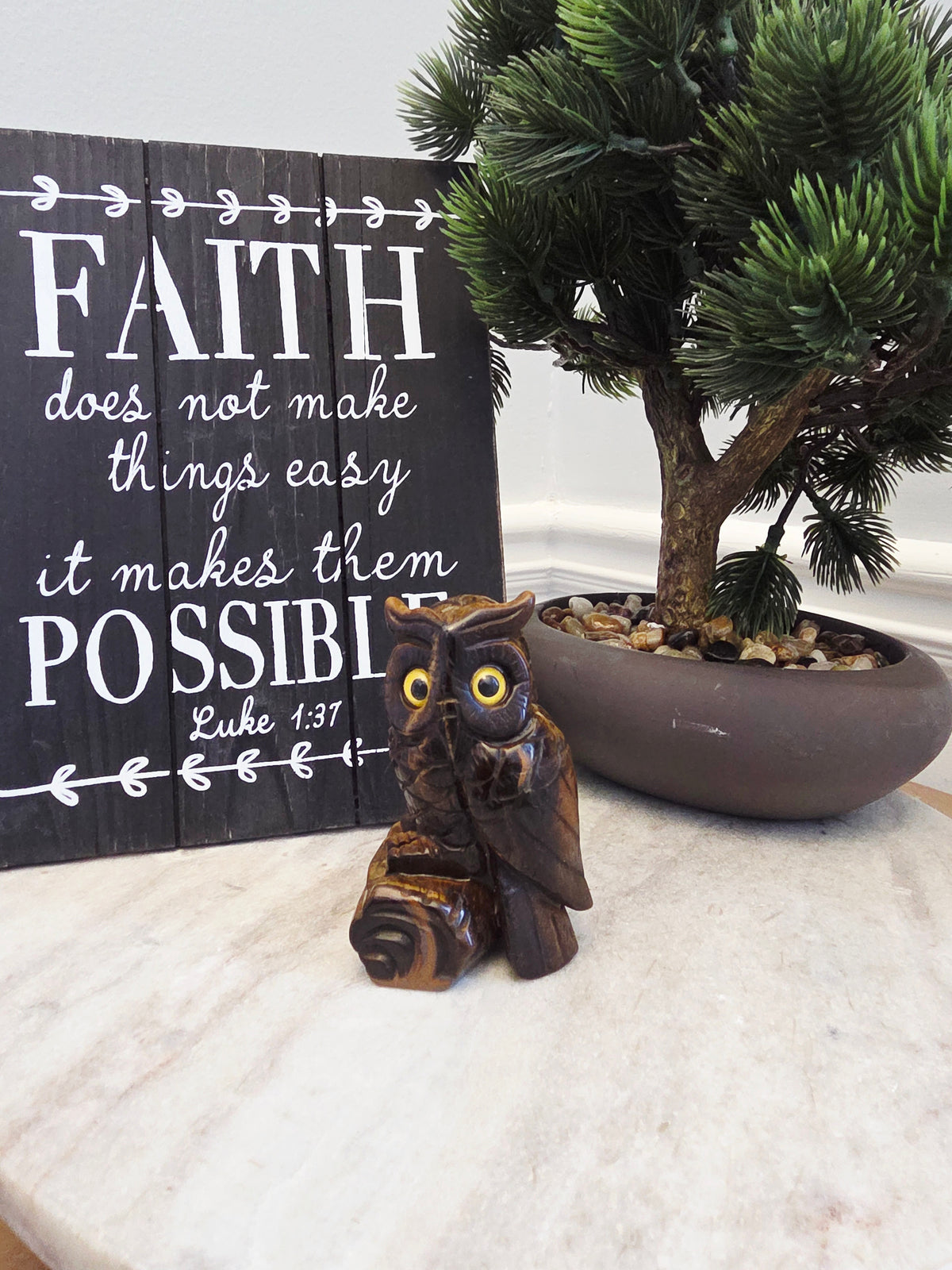 Tiger’s Eye Owl Crystal Carving | 3" Hand-Carved Gemstone Owl on Log | Natural Stone Home Décor