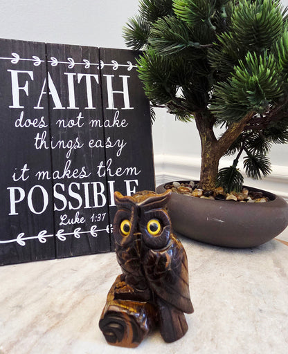 Tiger’s Eye Owl Crystal Carving | 3" Hand-Carved Gemstone Owl on Log | Natural Stone Home Décor