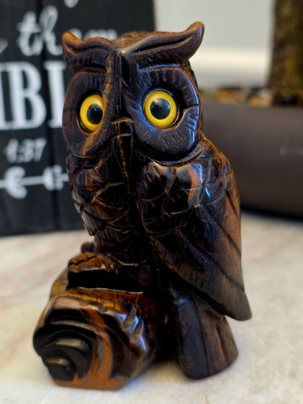 Tiger’s Eye Owl Crystal Carving | 3" Hand-Carved Gemstone Owl on Log | Natural Stone Home Décor