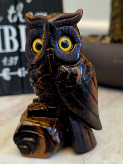 Tiger’s Eye Owl Crystal Carving | 3" Hand-Carved Gemstone Owl on Log | Natural Stone Home Décor