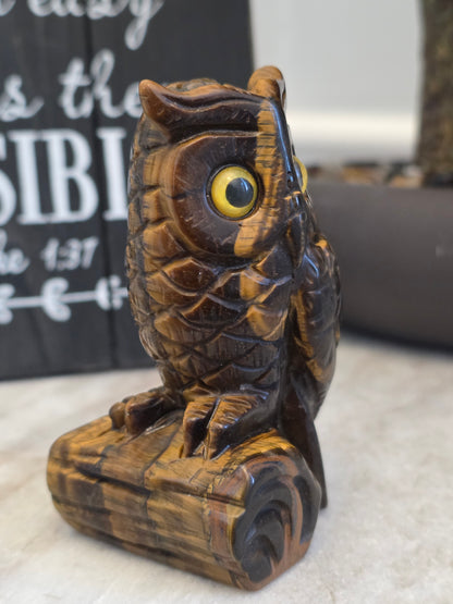 Tiger’s Eye Owl Crystal Carving | 3" Hand-Carved Gemstone Owl on Log | Natural Stone Home Décor