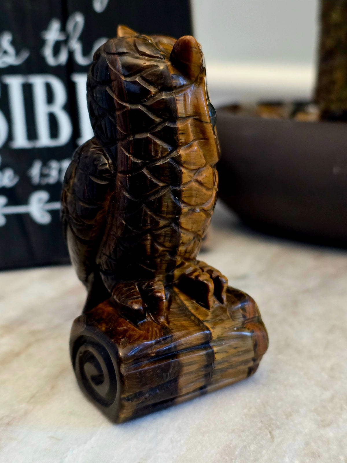 Tiger’s Eye Owl Crystal Carving | 3" Hand-Carved Gemstone Owl on Log | Natural Stone Home Décor