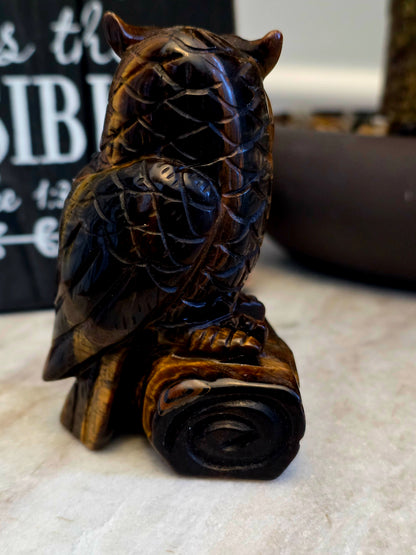 Tiger’s Eye Owl Crystal Carving | 3" Hand-Carved Gemstone Owl on Log | Natural Stone Home Décor