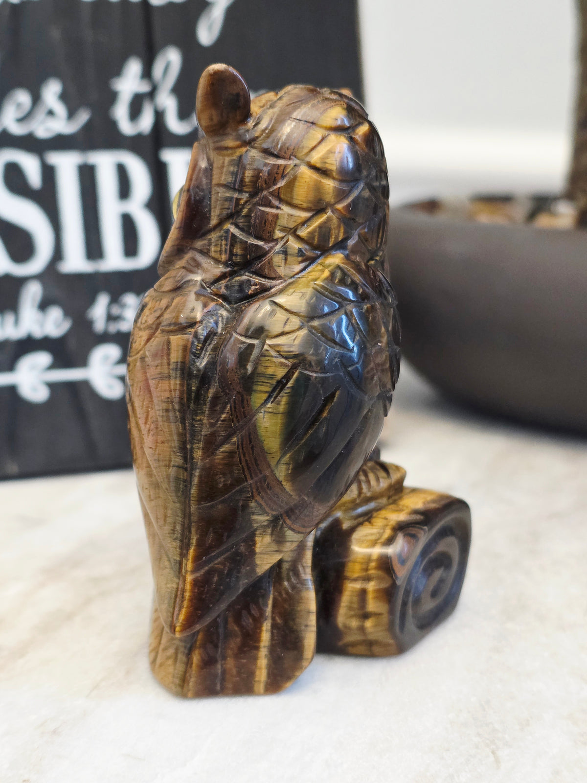 Tiger’s Eye Owl Crystal Carving | 3" Hand-Carved Gemstone Owl on Log | Natural Stone Home Décor