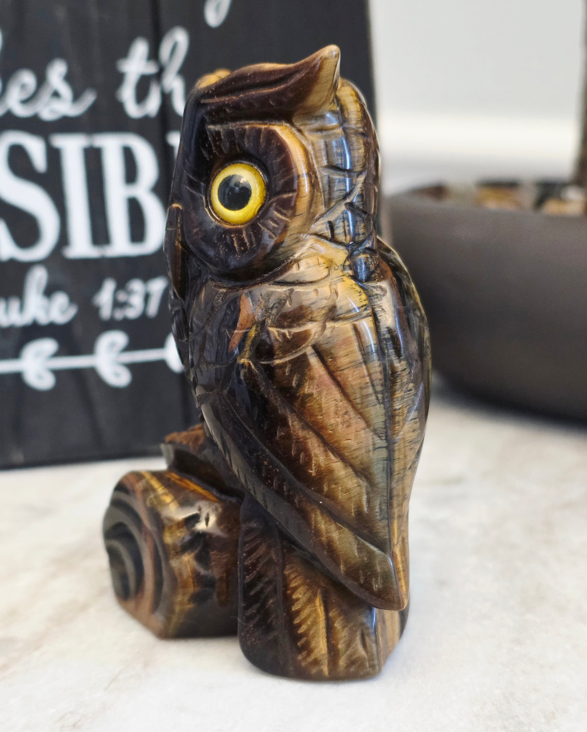 Tiger’s Eye Owl Crystal Carving | 3" Hand-Carved Gemstone Owl on Log | Natural Stone Home Décor