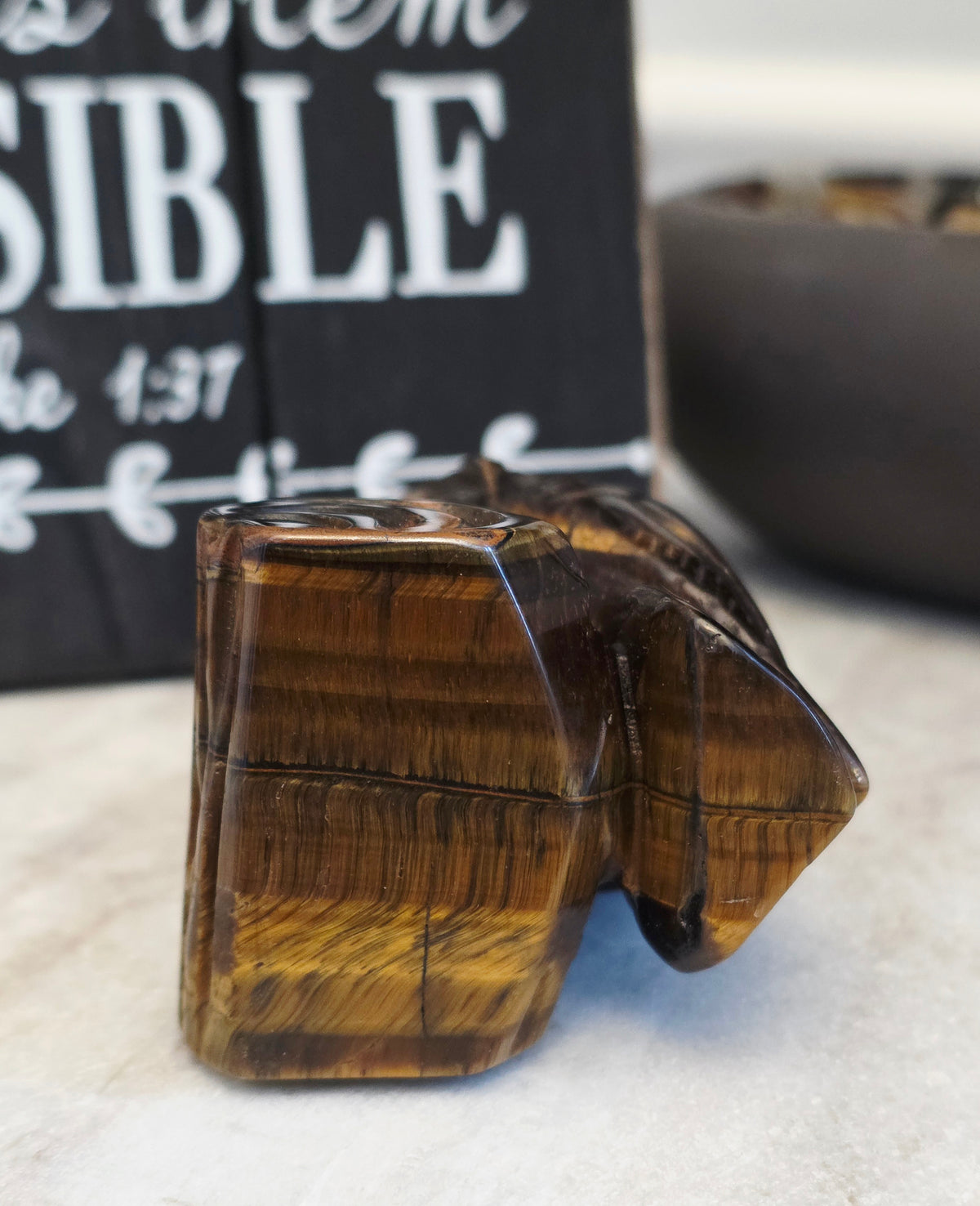 Tiger’s Eye Owl Crystal Carving | 3" Hand-Carved Gemstone Owl on Log | Natural Stone Home Décor