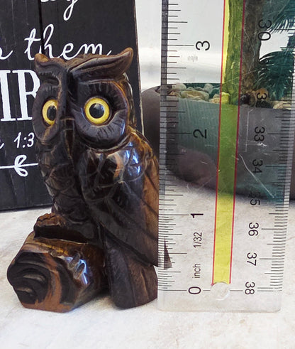 Tiger’s Eye Owl Crystal Carving | 3" Hand-Carved Gemstone Owl on Log | Natural Stone Home Décor