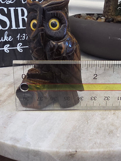 Tiger’s Eye Owl Crystal Carving | 3" Hand-Carved Gemstone Owl on Log | Natural Stone Home Décor