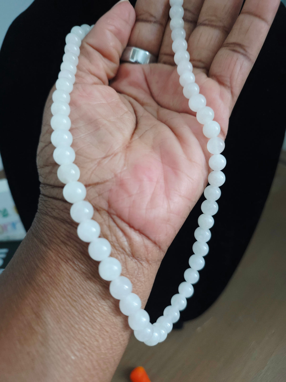 Natural White Quartz Beaded Necklace | Milky White Crystal Gemstone Necklace | Polished Round Quartz Bead