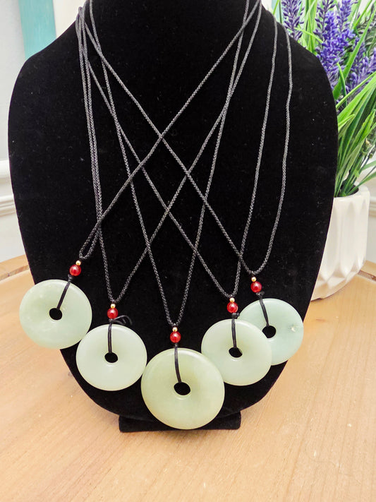 Natural Jade Donut Pendant Necklace | Green Jade Disc Necklace | Red Bead Accent | Adjustable Black Cord | Jade Jewelry