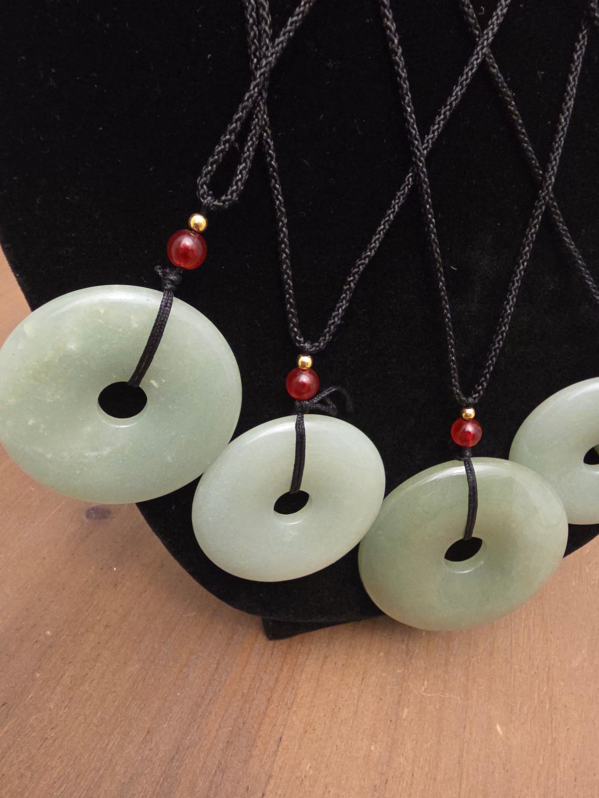 Natural Jade Donut Pendant Necklace | Green Jade Disc Necklace | Red Bead Accent | Adjustable Black Cord | Jade Jewelry