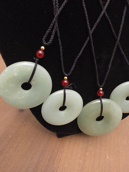 Natural Jade Donut Pendant Necklace | Green Jade Disc Necklace | Red Bead Accent | Adjustable Black Cord | Jade Jewelry