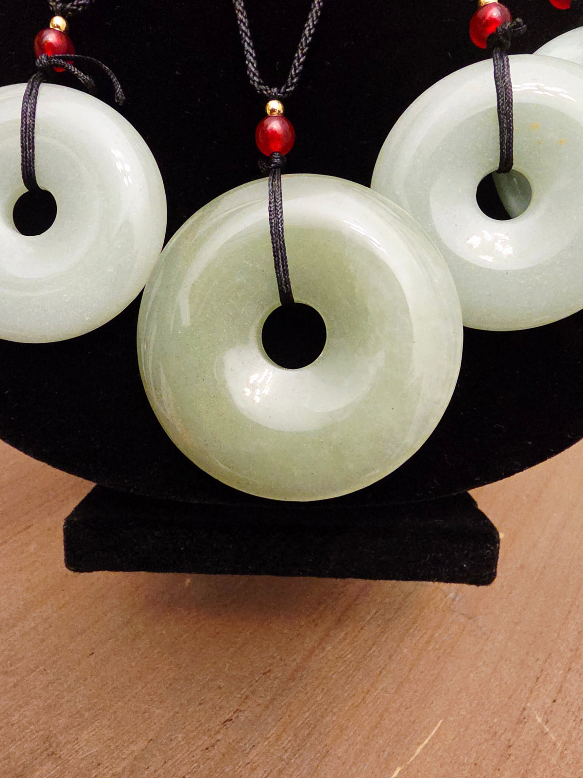 Natural Jade Donut Pendant Necklace | Green Jade Disc Necklace | Red Bead Accent | Adjustable Black Cord | Jade Jewelry