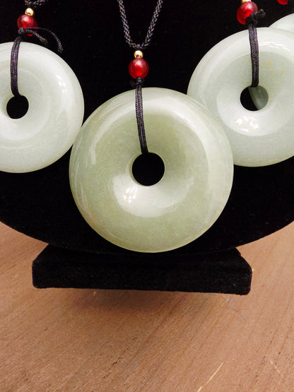 Natural Jade Donut Pendant Necklace | Green Jade Disc Necklace | Red Bead Accent | Adjustable Black Cord | Jade Jewelry