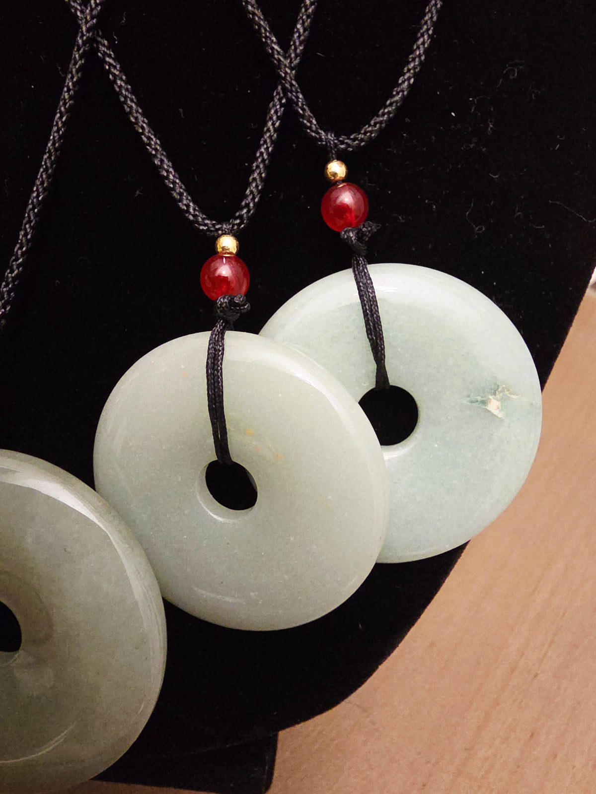 Natural Jade Donut Pendant Necklace | Green Jade Disc Necklace | Red Bead Accent | Adjustable Black Cord | Jade Jewelry