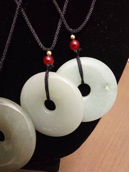 Natural Jade Donut Pendant Necklace | Green Jade Disc Necklace | Red Bead Accent | Adjustable Black Cord | Jade Jewelry