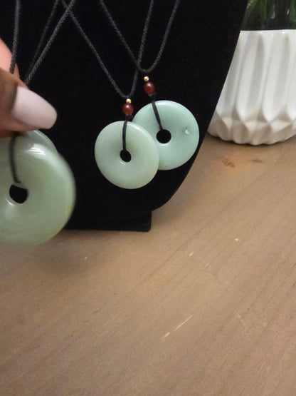 Natural Jade Donut Pendant Necklace | Green Jade Disc Necklace | Red Bead Accent | Adjustable Black Cord | Jade Jewelry