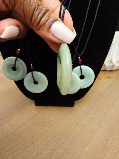 Natural Jade Donut Pendant Necklace | Green Jade Disc Necklace | Red Bead Accent | Adjustable Black Cord | Jade Jewelry