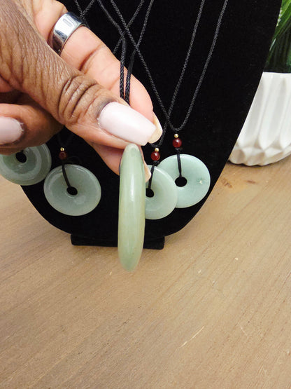 Natural Jade Donut Pendant Necklace | Green Jade Disc Necklace | Red Bead Accent | Adjustable Black Cord | Jade Jewelry