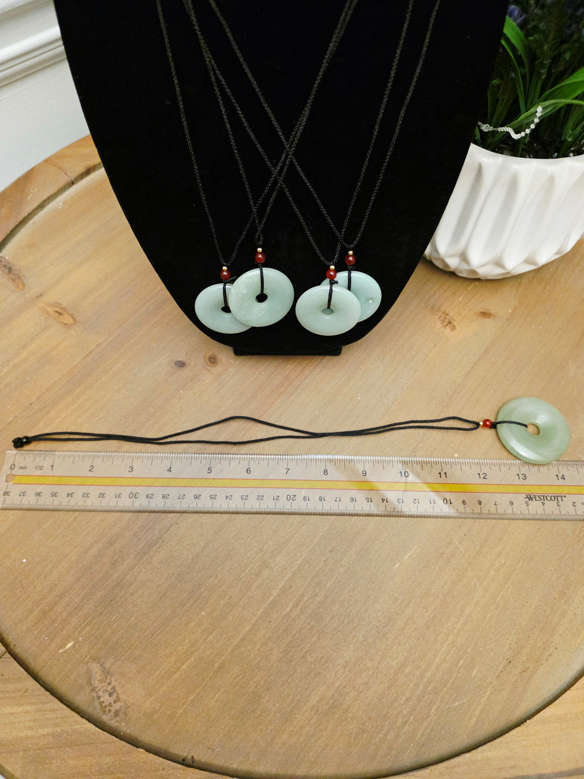Natural Jade Donut Pendant Necklace | Green Jade Disc Necklace | Red Bead Accent | Adjustable Black Cord | Jade Jewelry