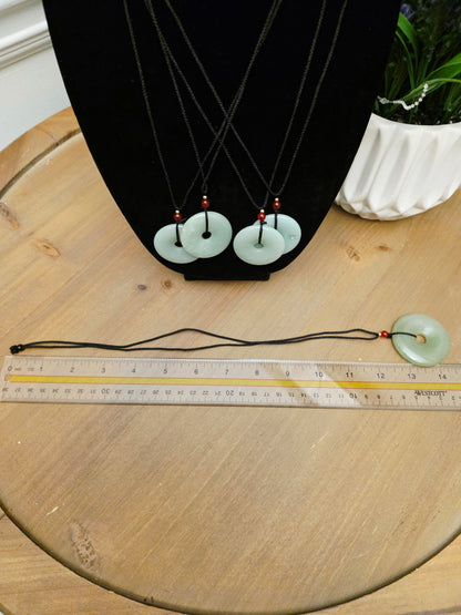 Natural Jade Donut Pendant Necklace | Green Jade Disc Necklace | Red Bead Accent | Adjustable Black Cord | Jade Jewelry
