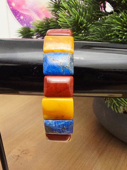 Lapis Lazuli, Red & Yellow Jasper Bracelet | Multicolor Square Gemstone Statement Bracelet