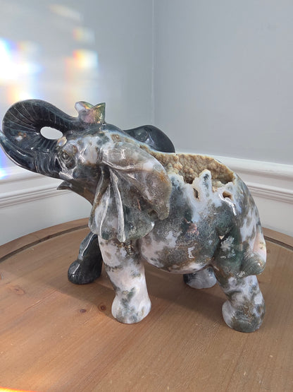 XL Ocean Jasper Elephant with Natural Druzy Geode | 15+ lb Hand-Carved Crystal Elephant | Large Statement Stone Décor