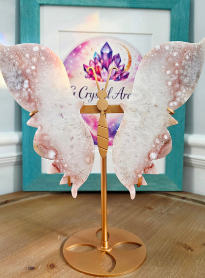 Pink Flower Agate Butterfly Wings on Gold Metal Stand | Large Crystal Butterfly Décor | Statement Crystal Display