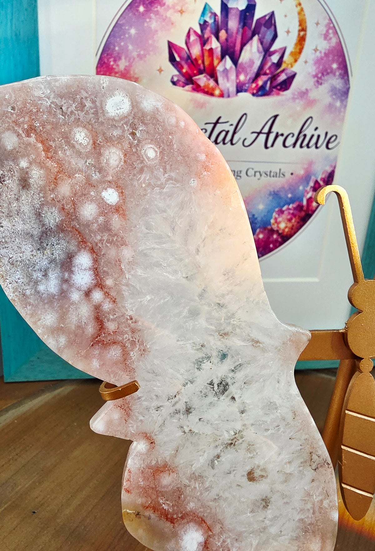 Pink Flower Agate Butterfly Wings on Gold Metal Stand | Large Crystal Butterfly Décor | Statement Crystal Display