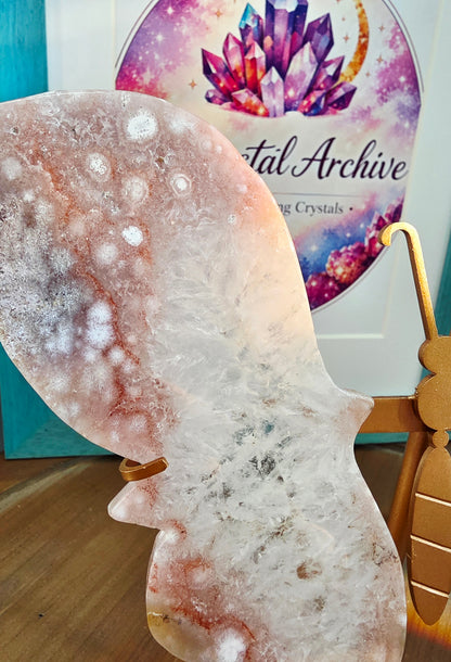 Pink Flower Agate Butterfly Wings on Gold Metal Stand | Large Crystal Butterfly Décor | Statement Crystal Display