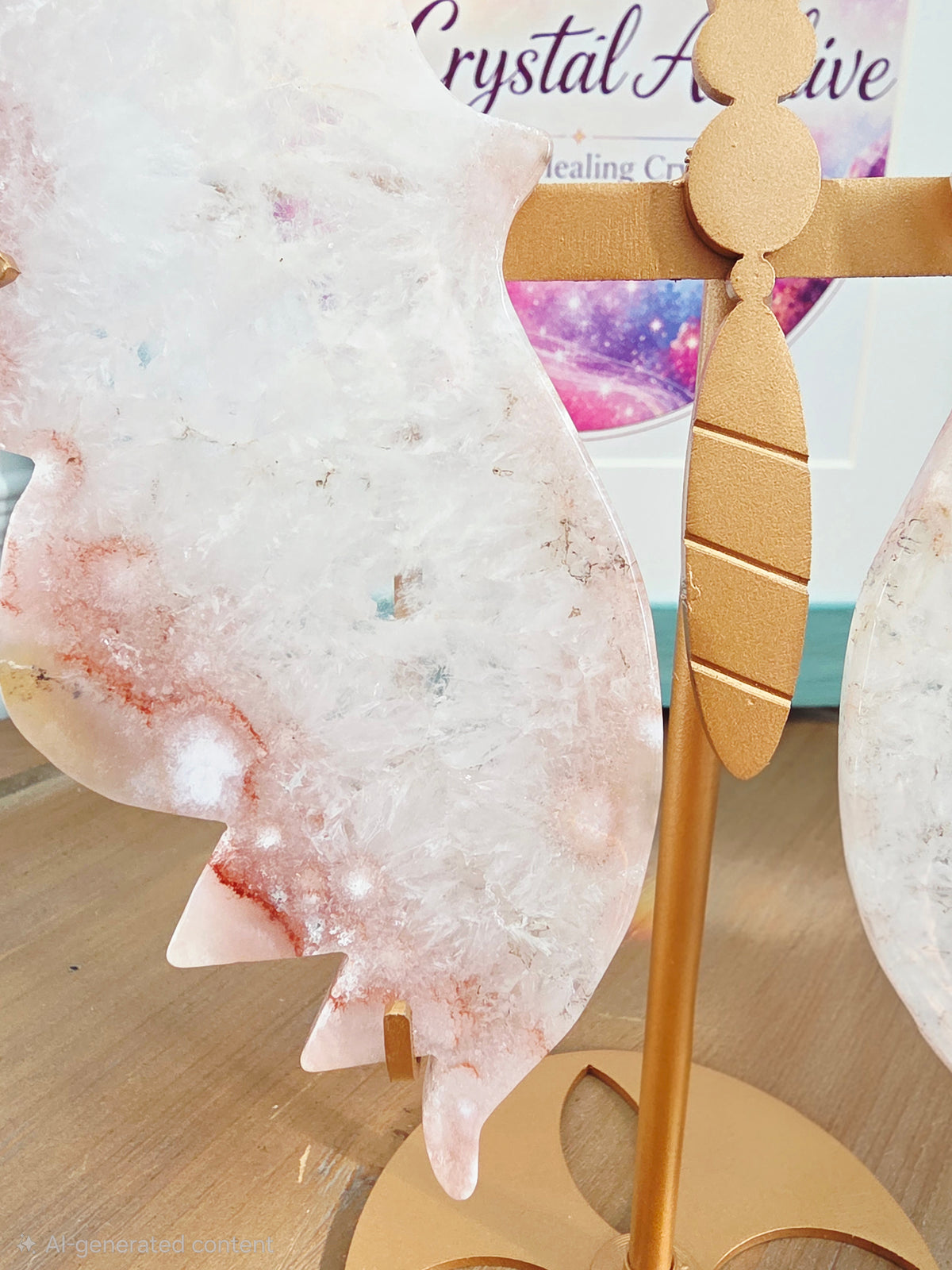Pink Flower Agate Butterfly Wings on Gold Metal Stand | Large Crystal Butterfly Décor | Statement Crystal Display