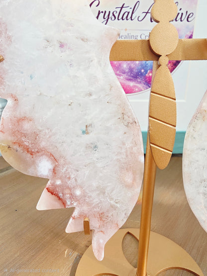 Pink Flower Agate Butterfly Wings on Gold Metal Stand | Large Crystal Butterfly Décor | Statement Crystal Display