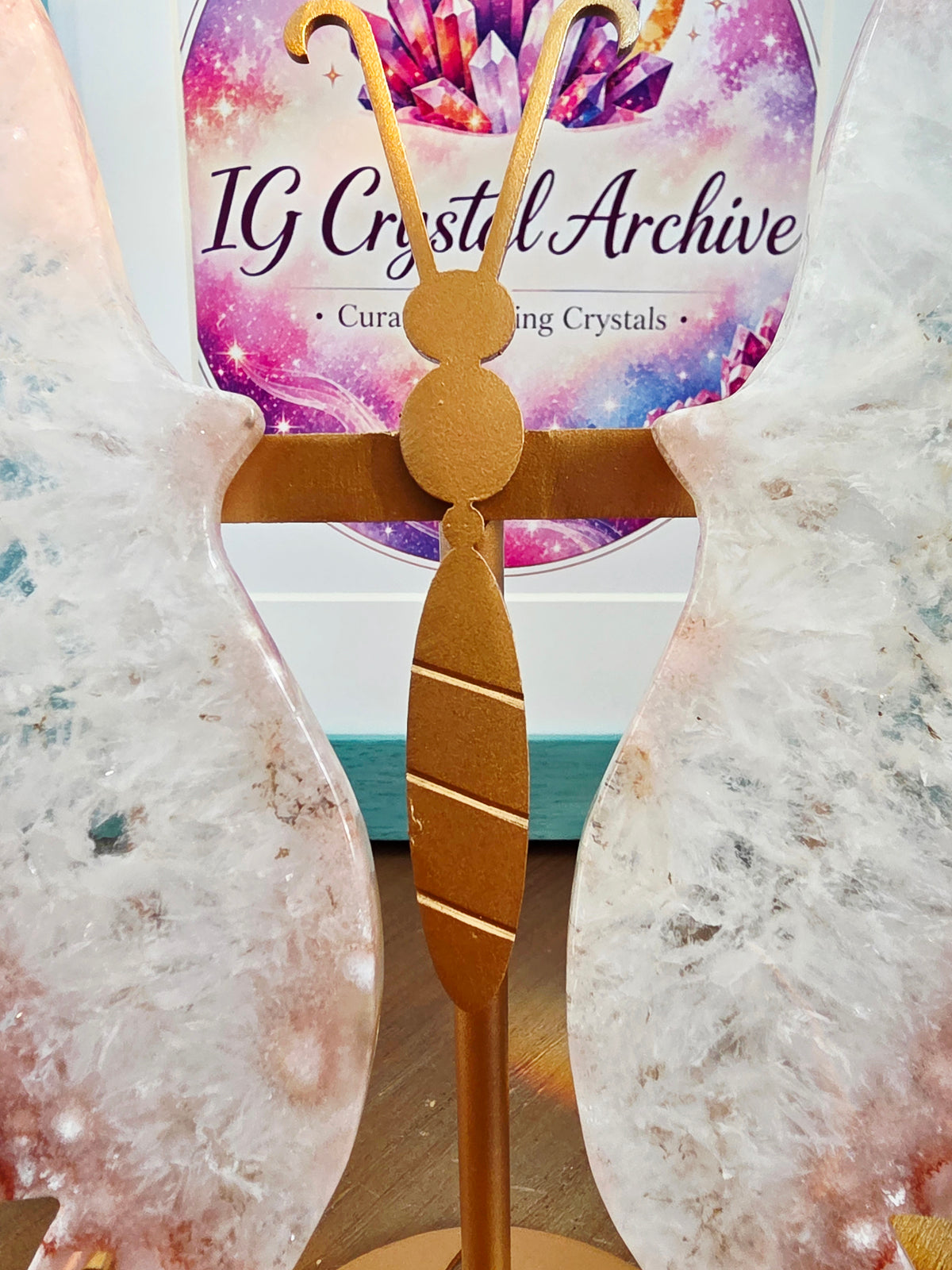 Pink Flower Agate Butterfly Wings on Gold Metal Stand | Large Crystal Butterfly Décor | Statement Crystal Display