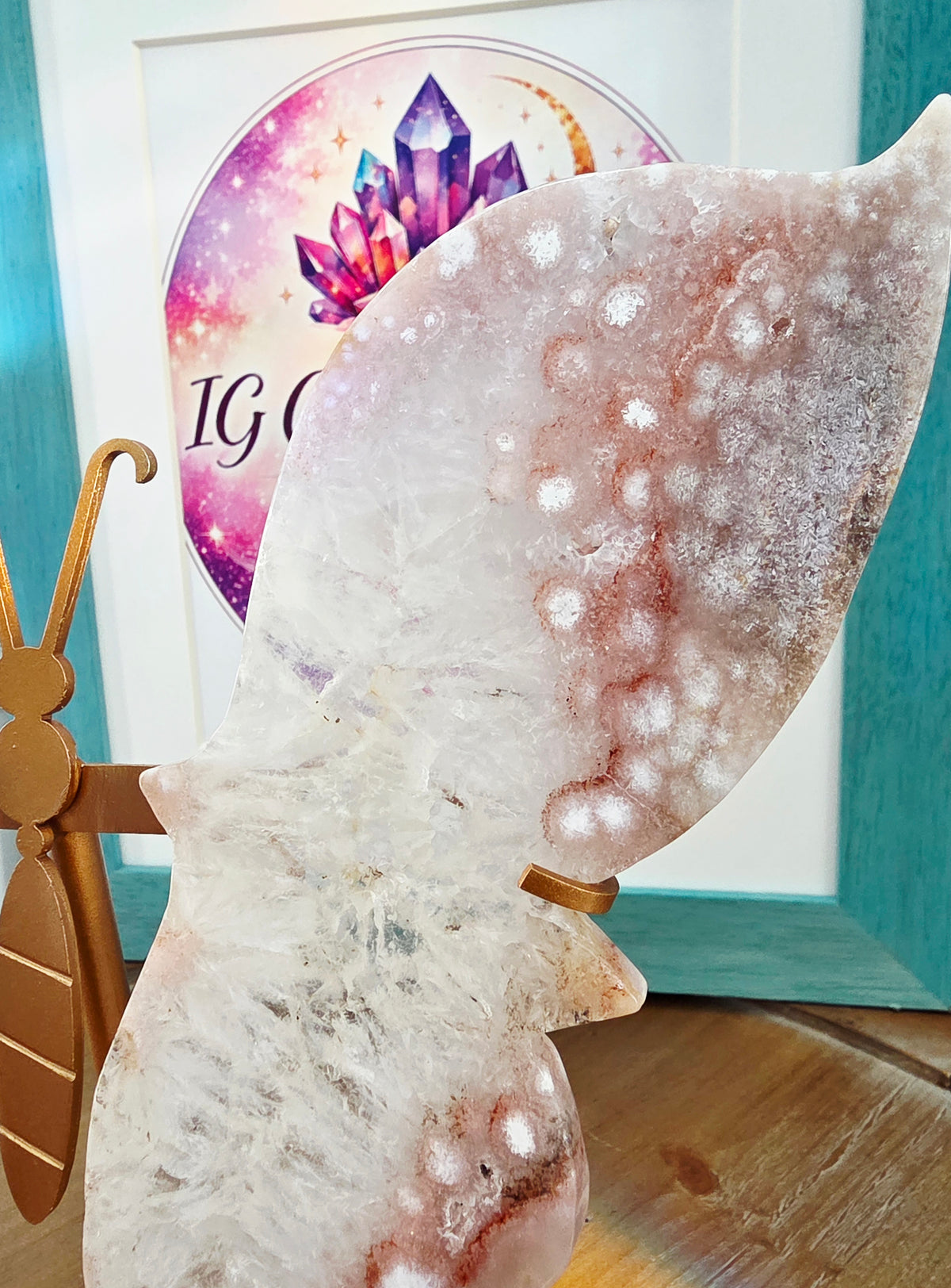 Pink Flower Agate Butterfly Wings on Gold Metal Stand | Large Crystal Butterfly Décor | Statement Crystal Display