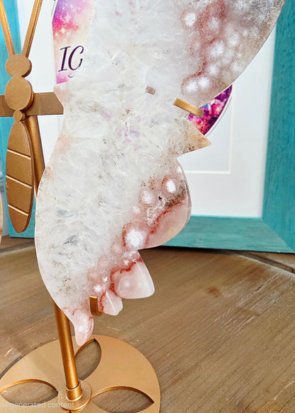 Pink Flower Agate Butterfly Wings on Gold Metal Stand | Large Crystal Butterfly Décor | Statement Crystal Display