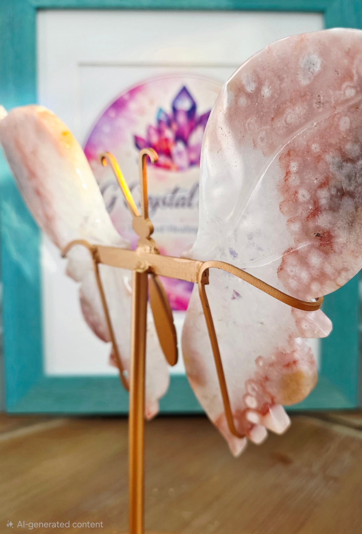 Pink Flower Agate Butterfly Wings on Gold Metal Stand | Large Crystal Butterfly Décor | Statement Crystal Display