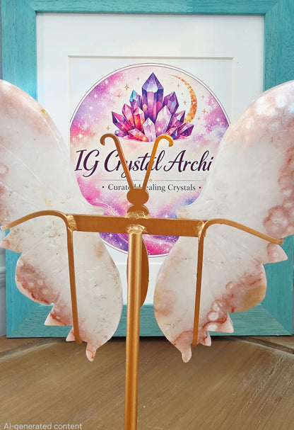Pink Flower Agate Butterfly Wings on Gold Metal Stand | Large Crystal Butterfly Décor | Statement Crystal Display