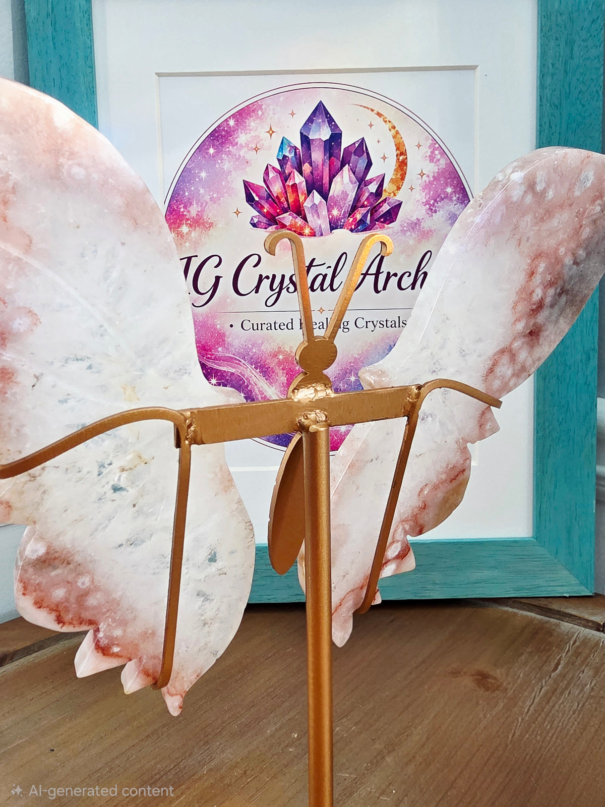 Pink Flower Agate Butterfly Wings on Gold Metal Stand | Large Crystal Butterfly Décor | Statement Crystal Display