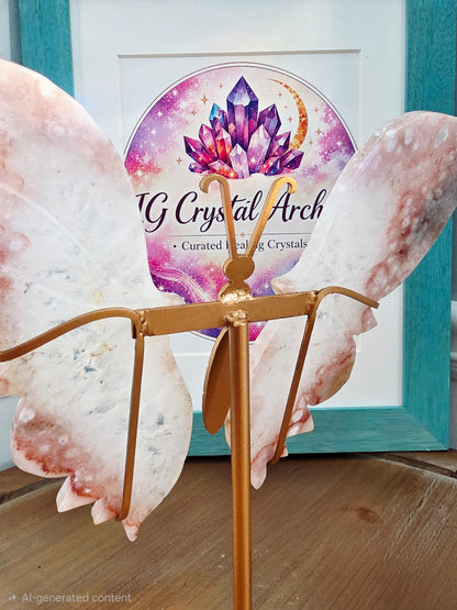 Pink Flower Agate Butterfly Wings on Gold Metal Stand | Large Crystal Butterfly Décor | Statement Crystal Display