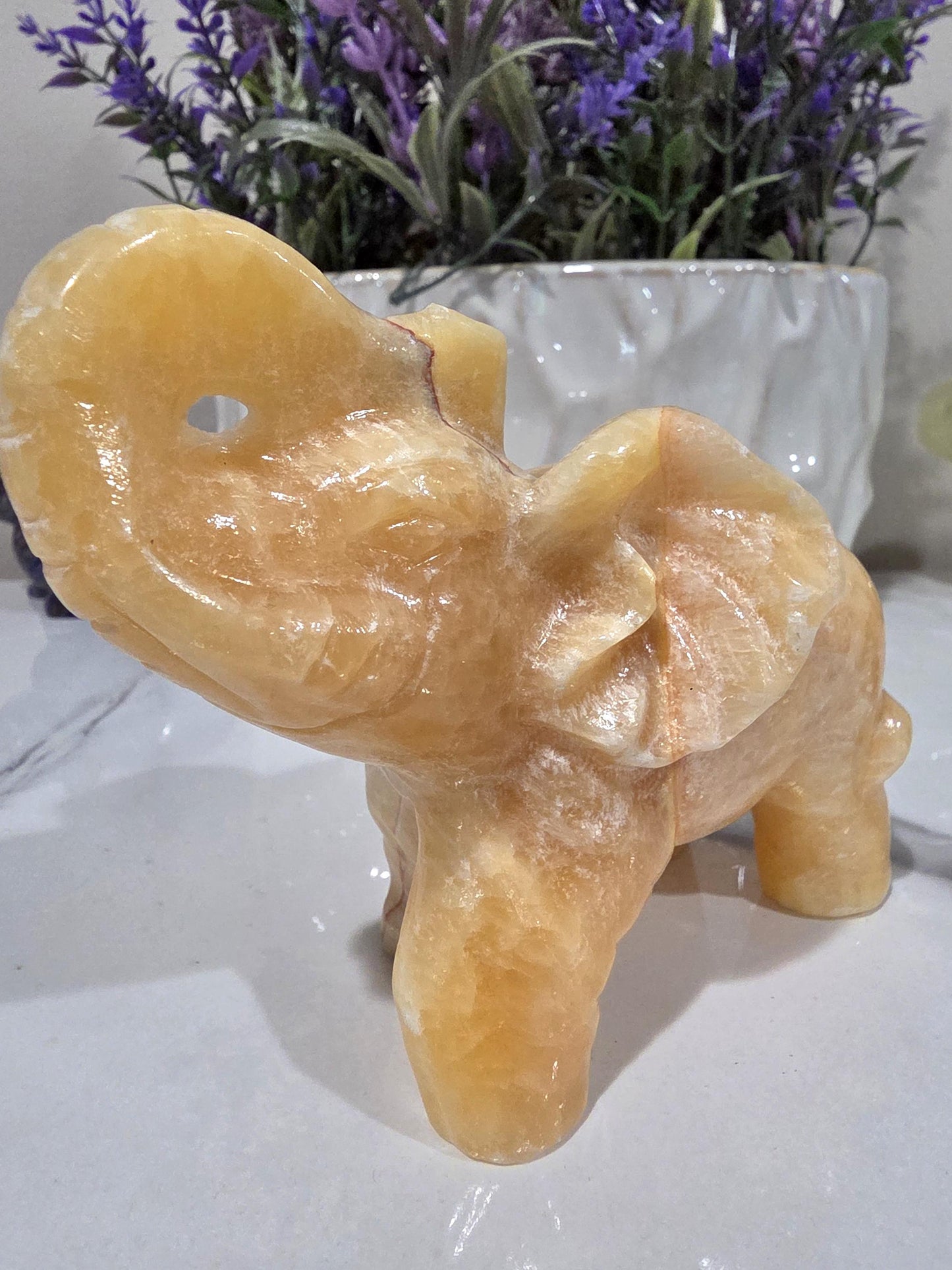 Hand Carved Orange Calcite Elephant | Natural Crystal Decor, Good Luck Stone