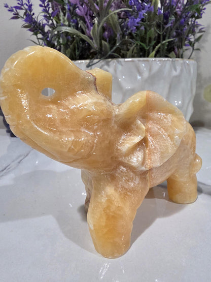 Hand Carved Orange Calcite Elephant | Natural Crystal Decor, Good Luck Stone