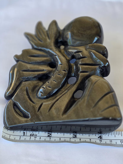 Gold Sheen Obsidian Dragon Carving with Sphere | Hand Carved Fantasy Decor, Protective Stone