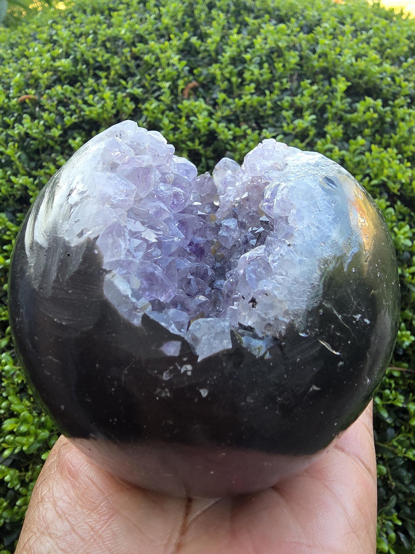 Natural Amethyst Geode Sphere | Polished Exterior Druzy Crystal Ball, Statement Decor