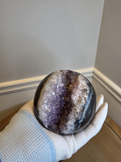 Natural Amethyst Geode Sphere | Polished Exterior Druzy Crystal Ball, Statement Decor