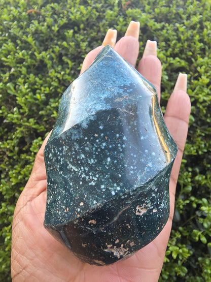 Ocean Jasper Flame | Green Orbicular Jasper Freeform | Polished Crystal Display Piece