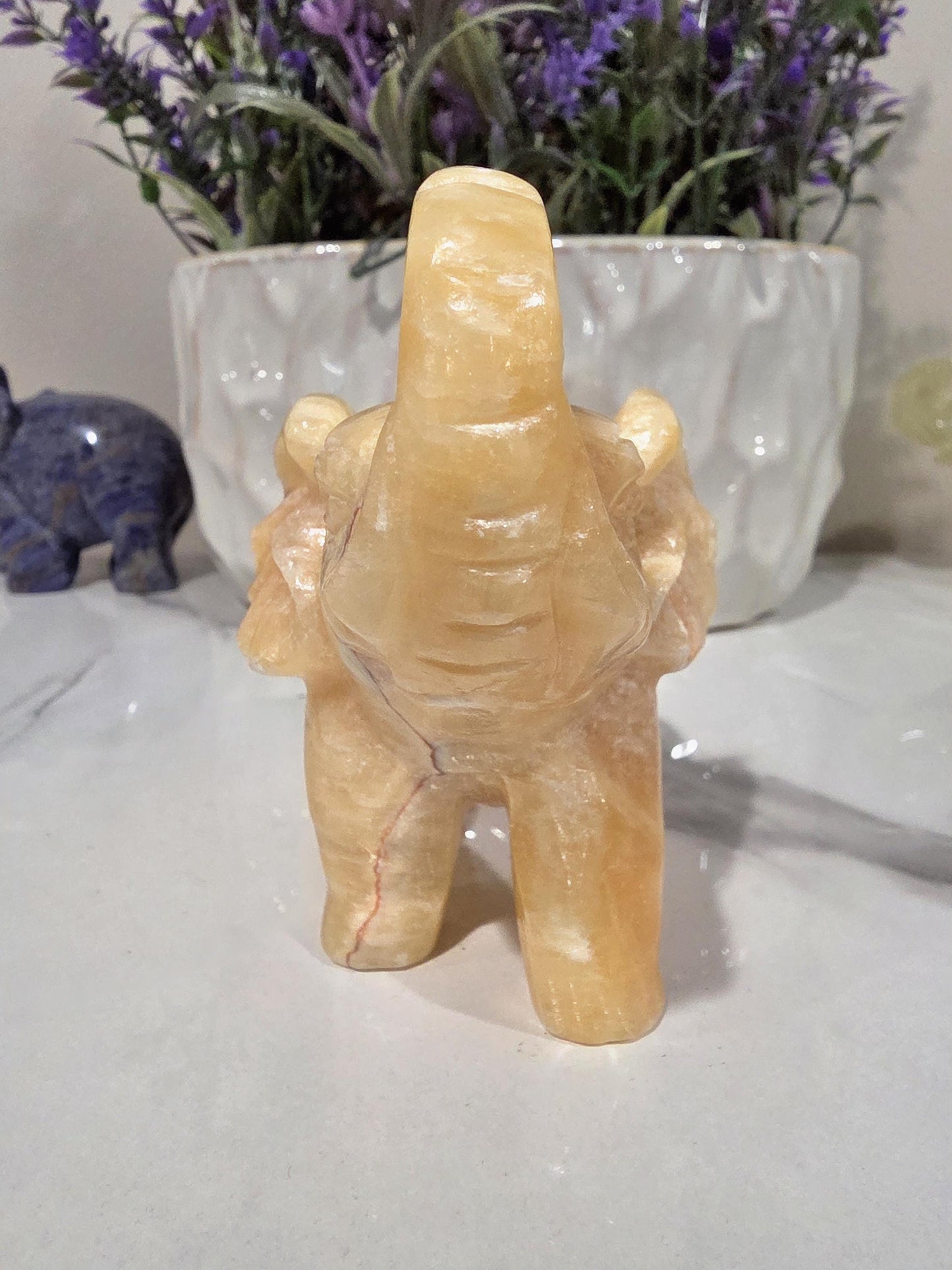 Hand Carved Orange Calcite Elephant | Natural Crystal Decor, Good Luck Stone