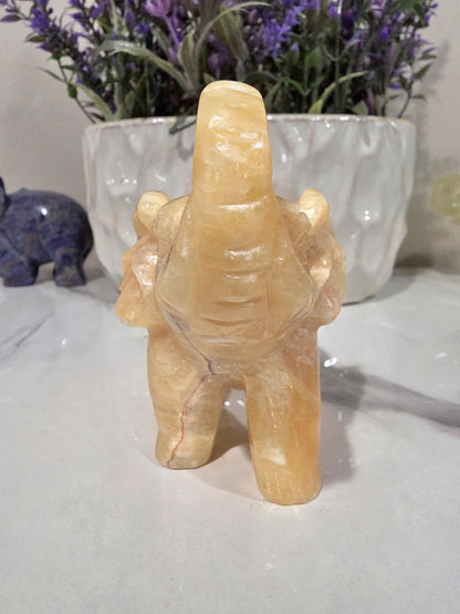 Hand Carved Orange Calcite Elephant | Natural Crystal Decor, Good Luck Stone
