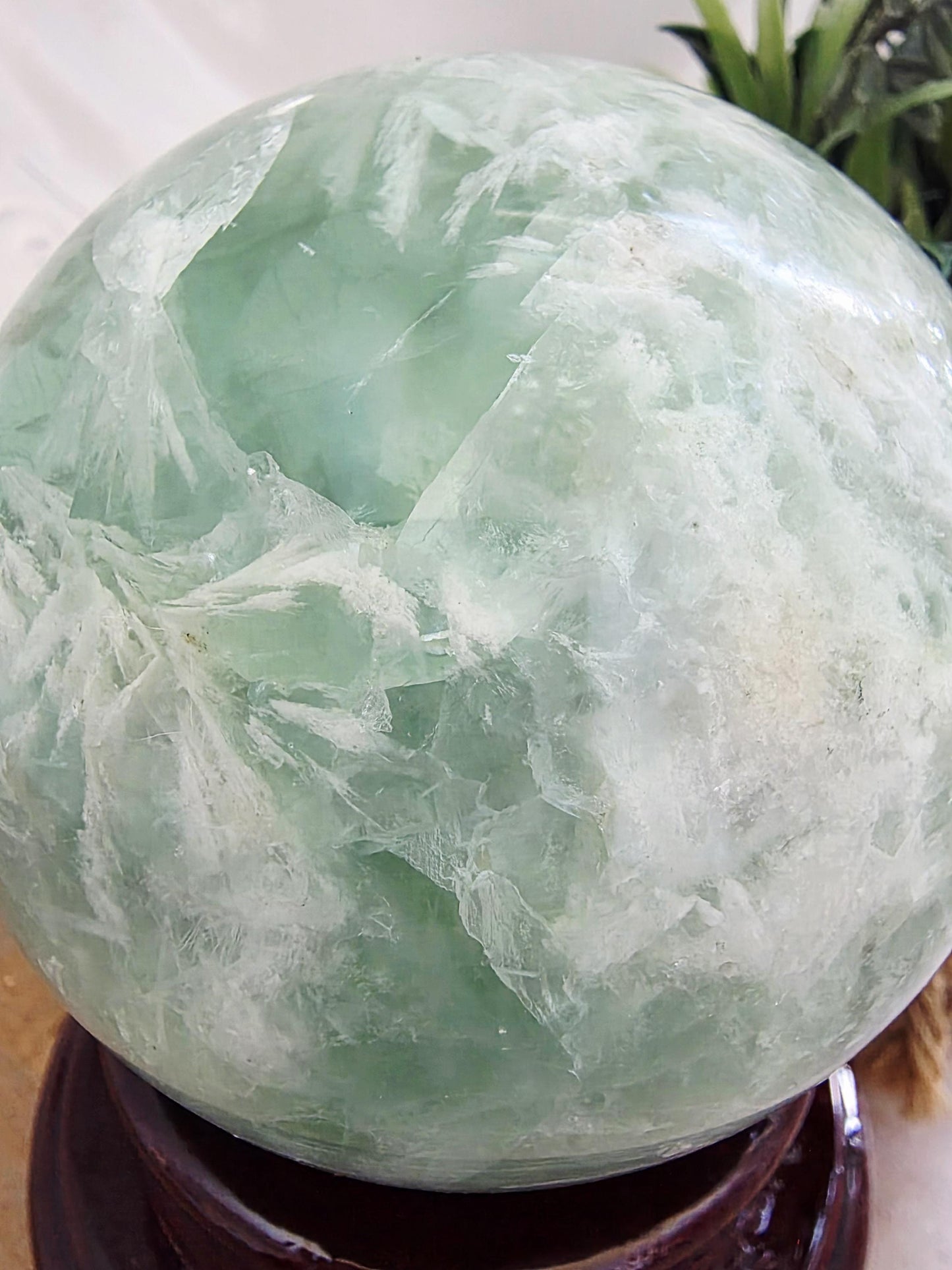 Large Polished Green Fluorite Sphere – Cloud-like Inclusions, Calming Energy, Statement Decor