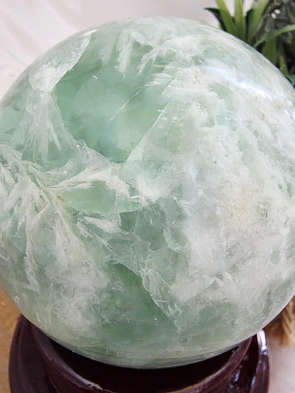 Large Polished Green Fluorite Sphere – Cloud-like Inclusions, Calming Energy, Statement Decor