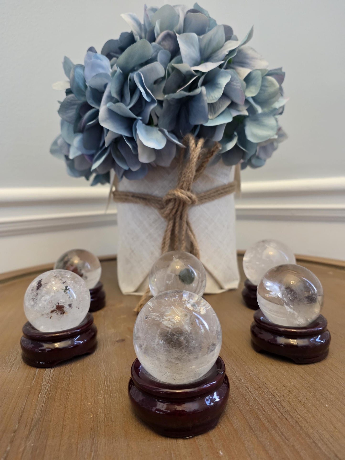 Clear Quartz Crystal Sphere Set | Polished Healing Orbs, Natural Inclusions (Wooden Stands)